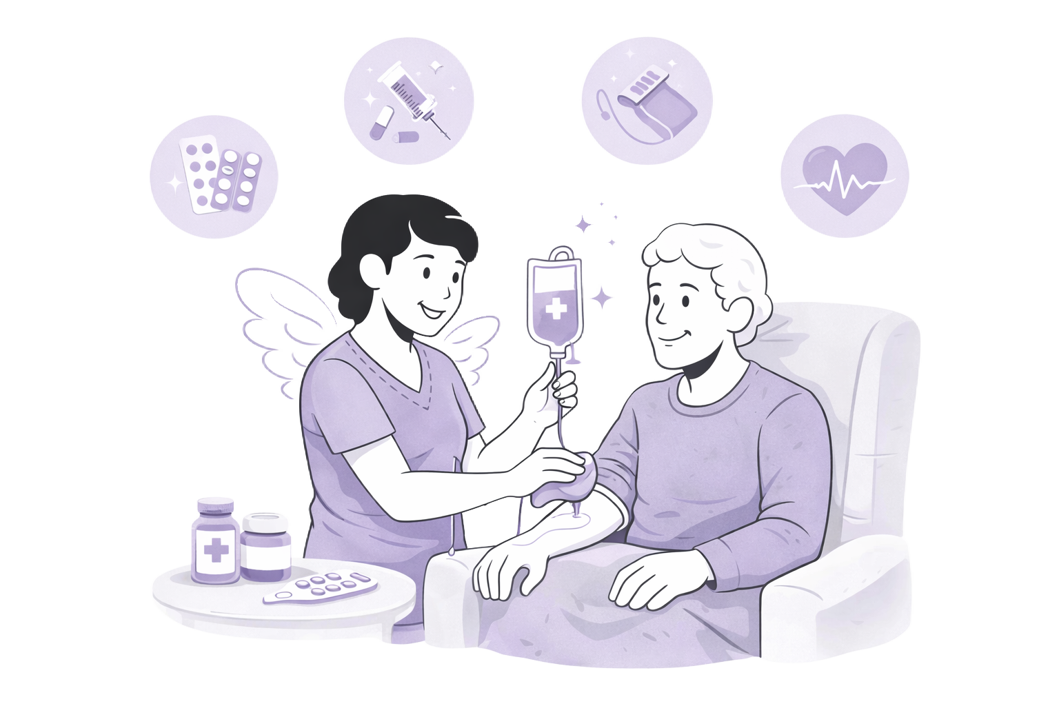 pflegeelfen-ambulanterpflegedienst_behandlungspflege3 Freundliche Illustration einer Pflegekraft, die eine medizinische Behandlung bei einer sitzenden Person durchführt, dargestellt mit Medikamenten und Infusion im ambulanten Pflegestil.