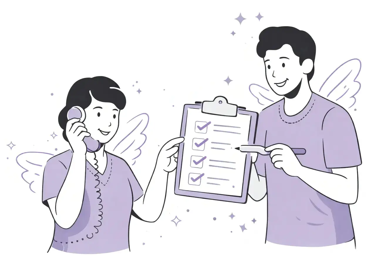 Freundliche Mitarbeiterin im Telefonsupport mit Hörer in der Hand, neben ihr ein Kollege mit Klemmbrett und Checkliste; beide als stilisierte Pflege-Engel in lila Arbeitskleidung.
