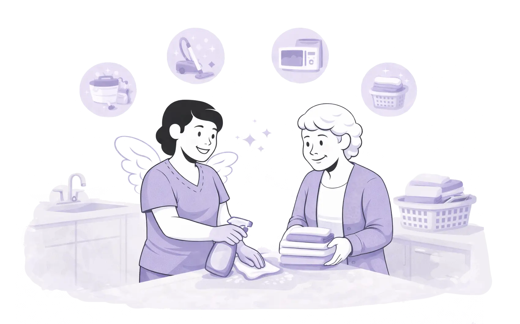 pflegeelfen-ambulanterpflegedienst_hauswirtschaftlichehilfe Freundliche Illustration einer Pflegekraft, die eine ältere Person bei hauswirtschaftlichen Tätigkeiten wie Reinigung und Wäscheversorgung im häuslichen Umfeld unterstützt.