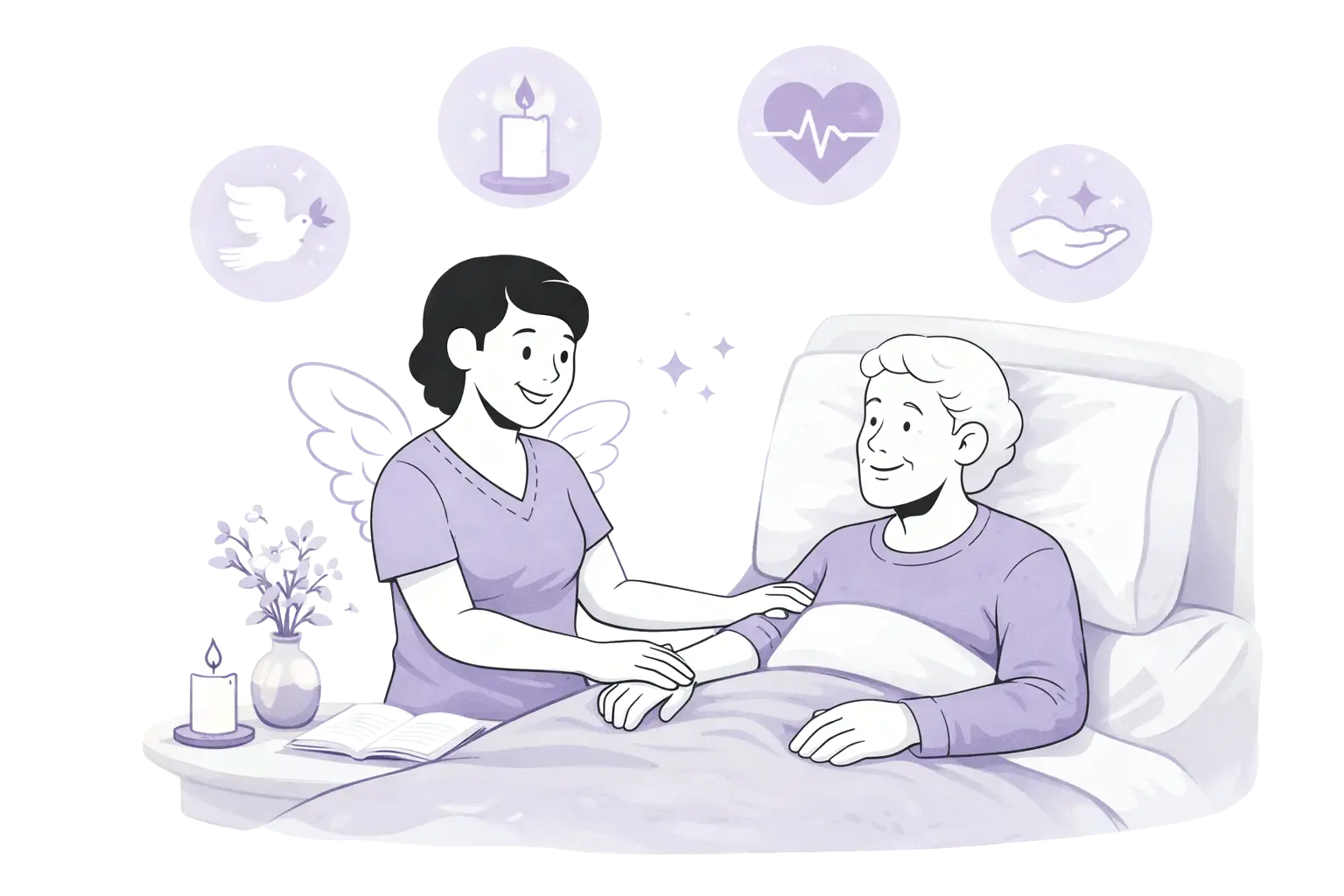 pflegeelfen-ambulanterpflegedienst_palliativcare Freundliche Illustration einer Pflegekraft, die eine ältere Person fürsorglich am Bett begleitet und beruhigend die Hand hält, in ruhiger palliativer Pflegesituation.