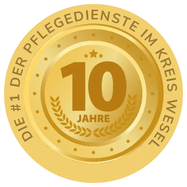 10jahre Goldenes rundes Jubiläumssiegel mit der Aufschrift „Die #1 der Pflegedienste im Kreis Wesel“ und „10 Jahre“ in der Mitte.